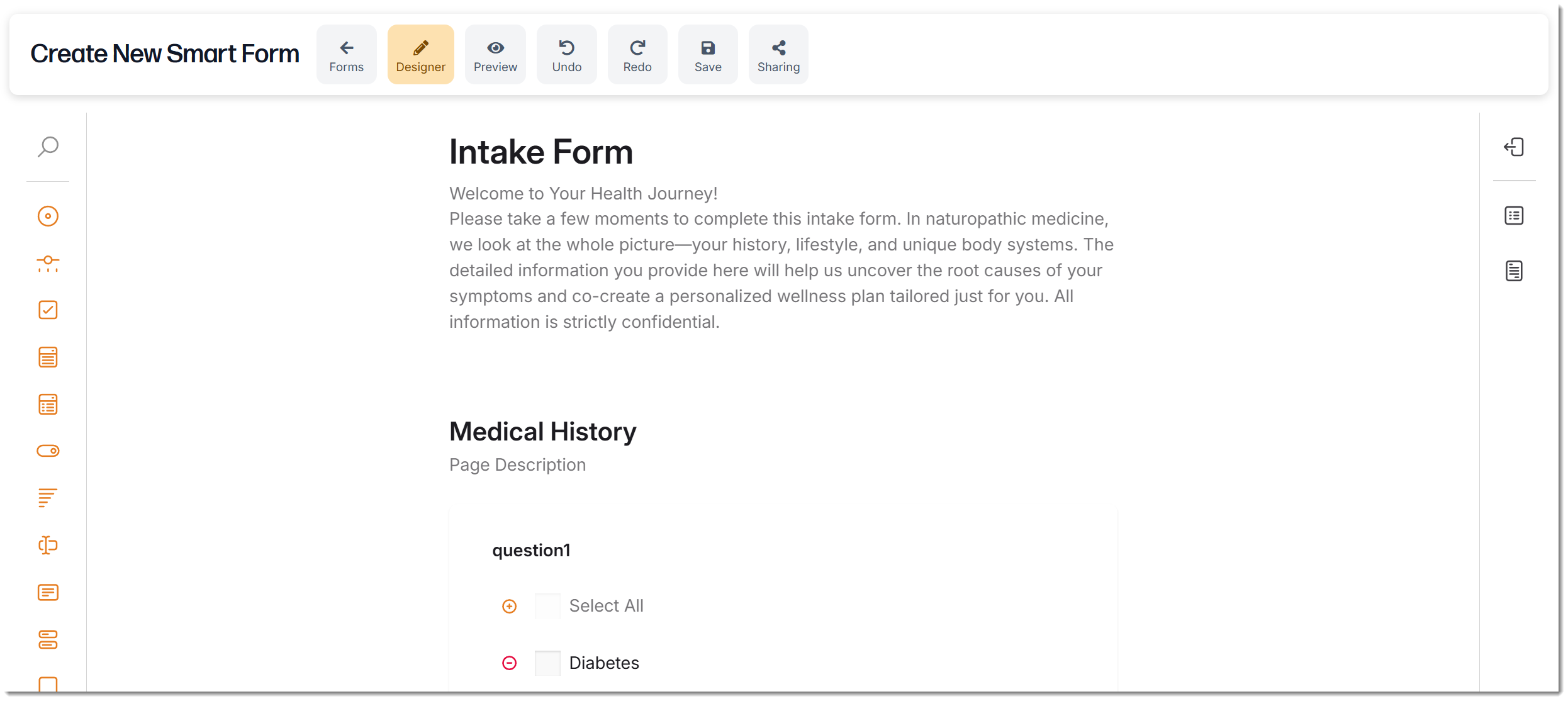 A view of the form creator for Smart Forms V2, showing the form name and description, the tools on the left, and the toolbar at the top of the form creator.